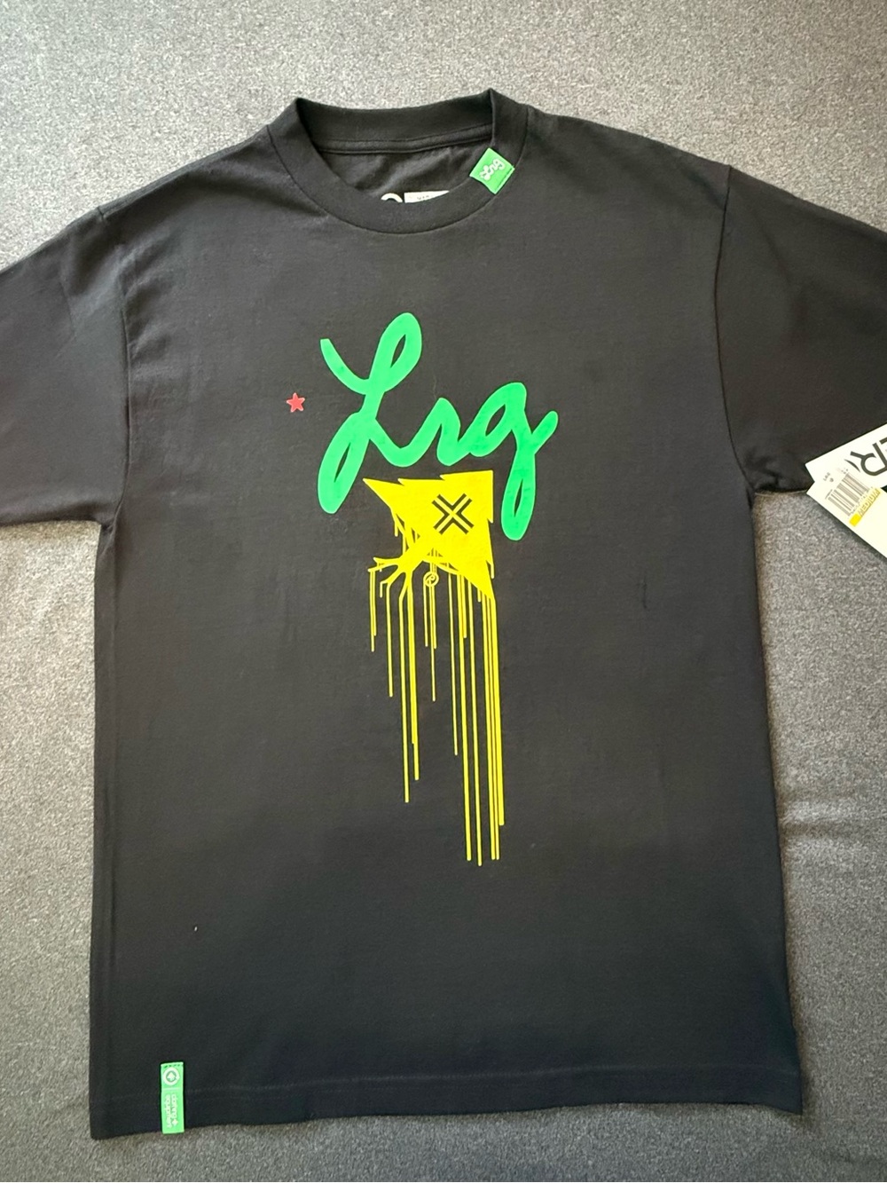 LRG Black Tee with Green Script and Yellow Drip Star
